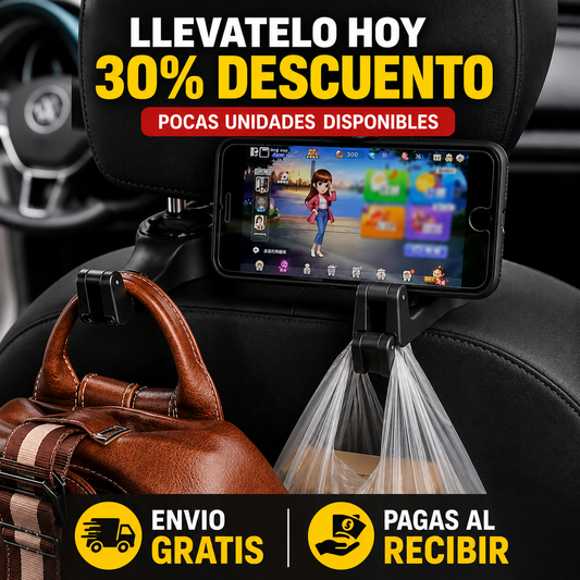 Gancho Organizador 2 en 1 para Carro con Soporte para Celular
