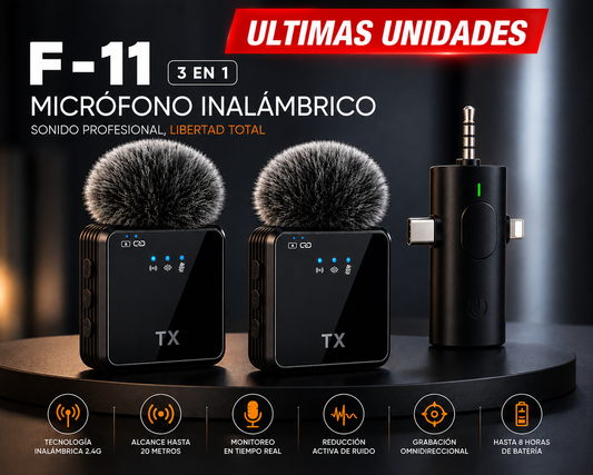 Oferta!!🚀 Graba sin cables. Crea sin límites. Lleva el Micrófono Inalámbrico F-11 hoy.