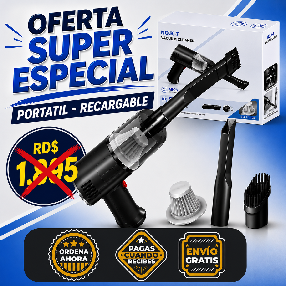 ASPIRADORA PORTATIL RECARGABLE K-7. Descuento Aplicado.